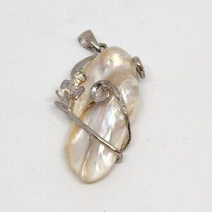 Abalone Shell Pendant w/ Clear Stones Silver Wire Wrap Mother of Pearl Unmarked